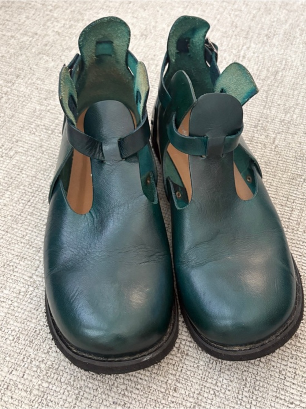 KOKKA Handmade Greece Green Leather Buckle Shoes Mary Jane Flats 38 US 7.5–8